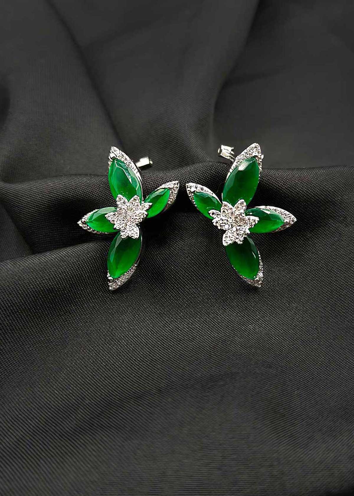 Floral Inspired Emerald And Ruby With Cubic Zircon Border Silver Plated Stud Earring