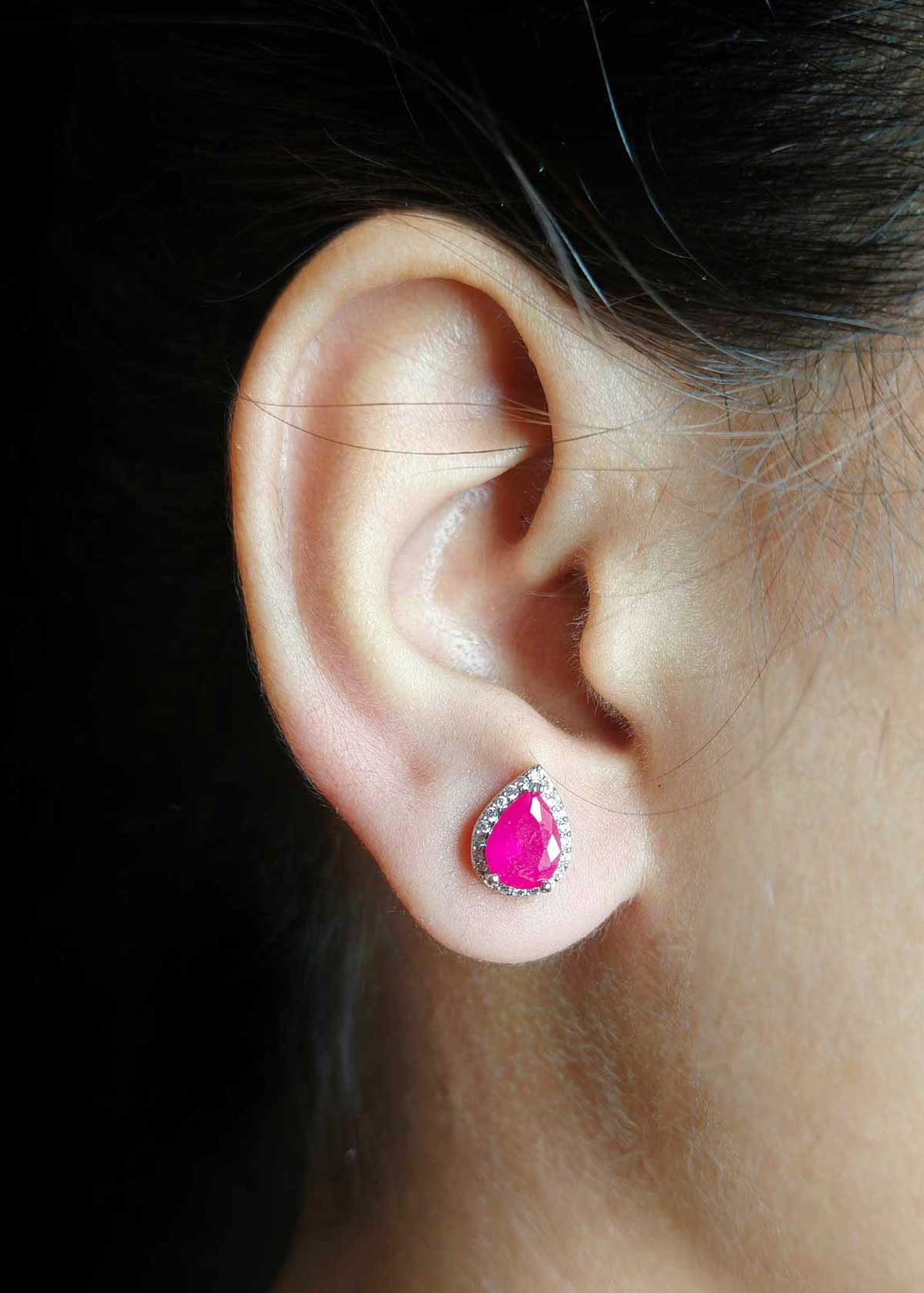 Drop Shape Ruby And Cubic Zircon Silver Plated Small Stud Earrings