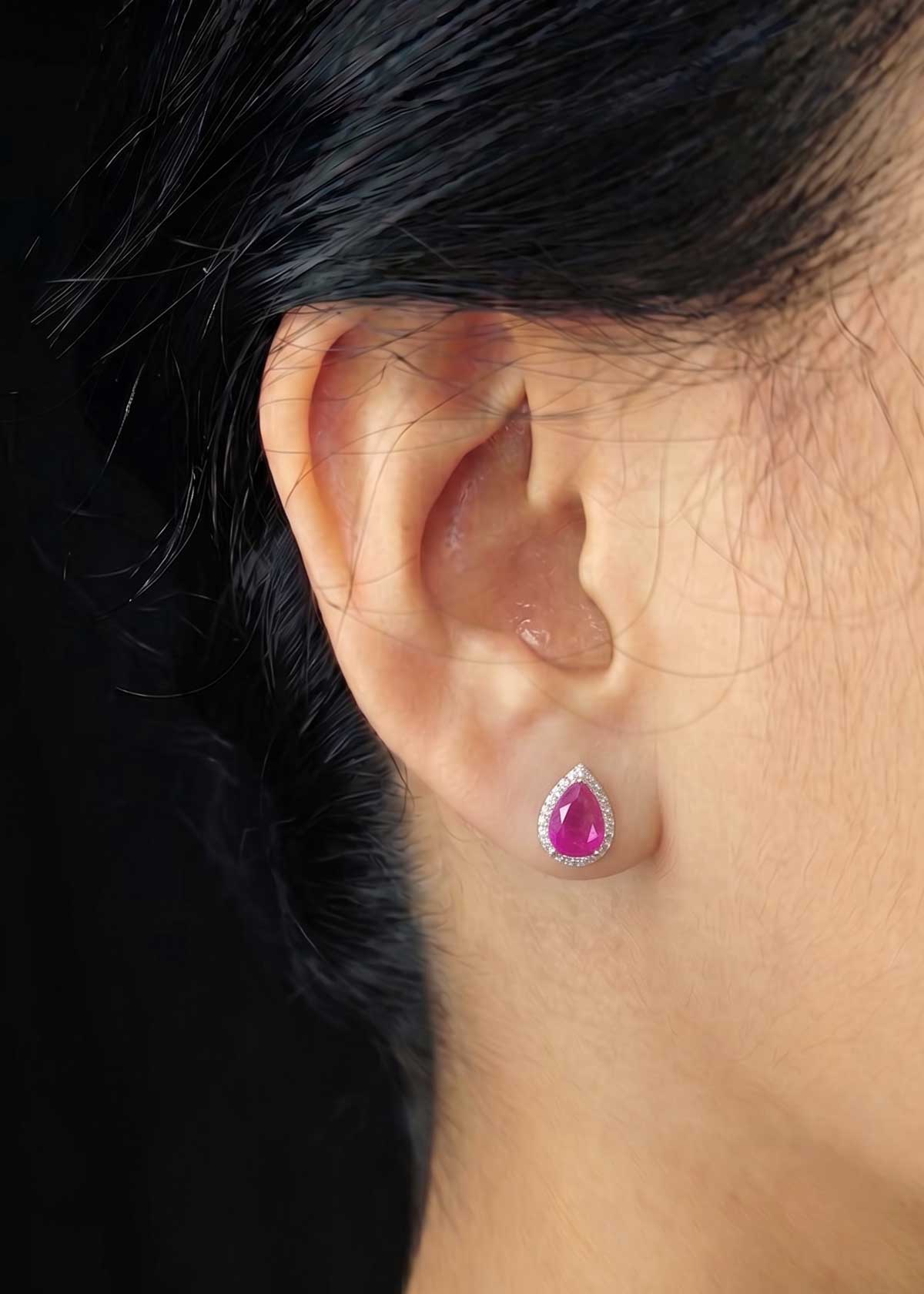 Drop Shape Ruby And Cubic Zircon Silver Plated Small Stud Earrings