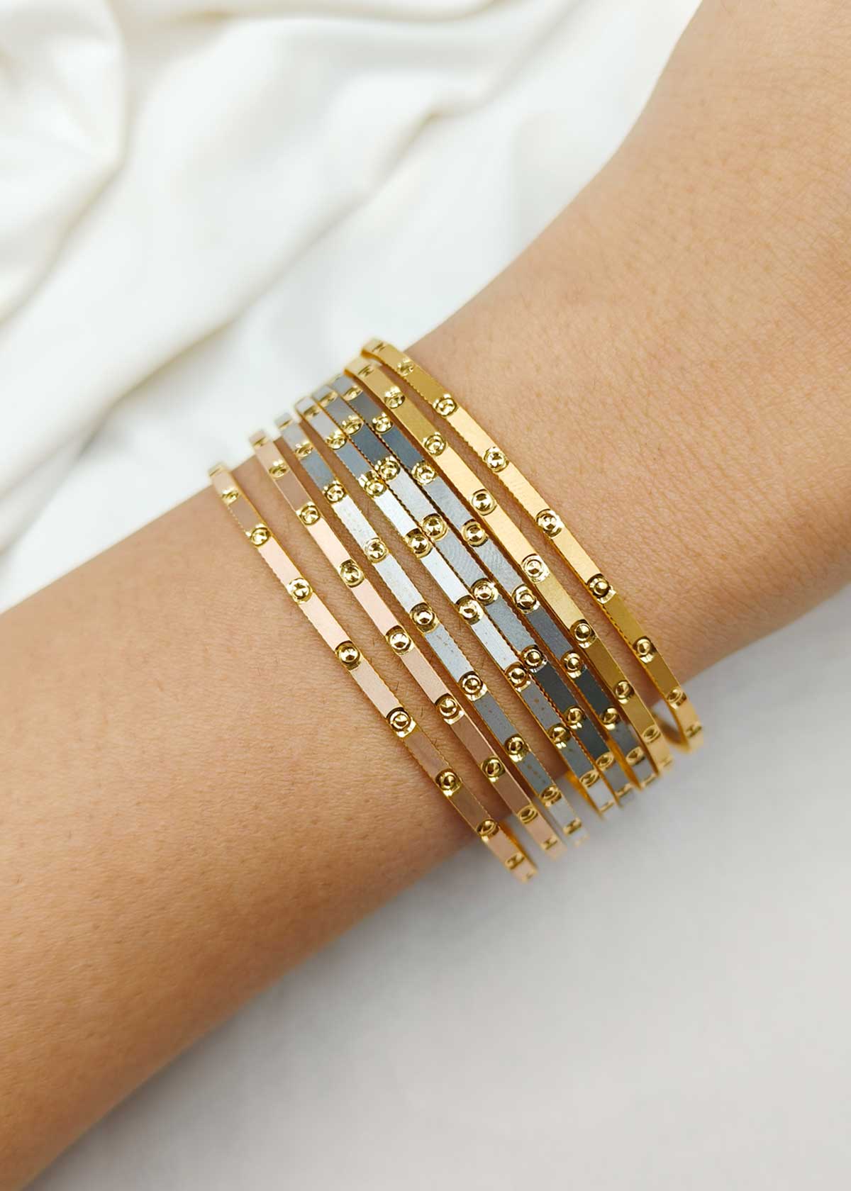 1 Gram Gold Try Color Studded Motif Slim Fixed Bangles (8Pcs)