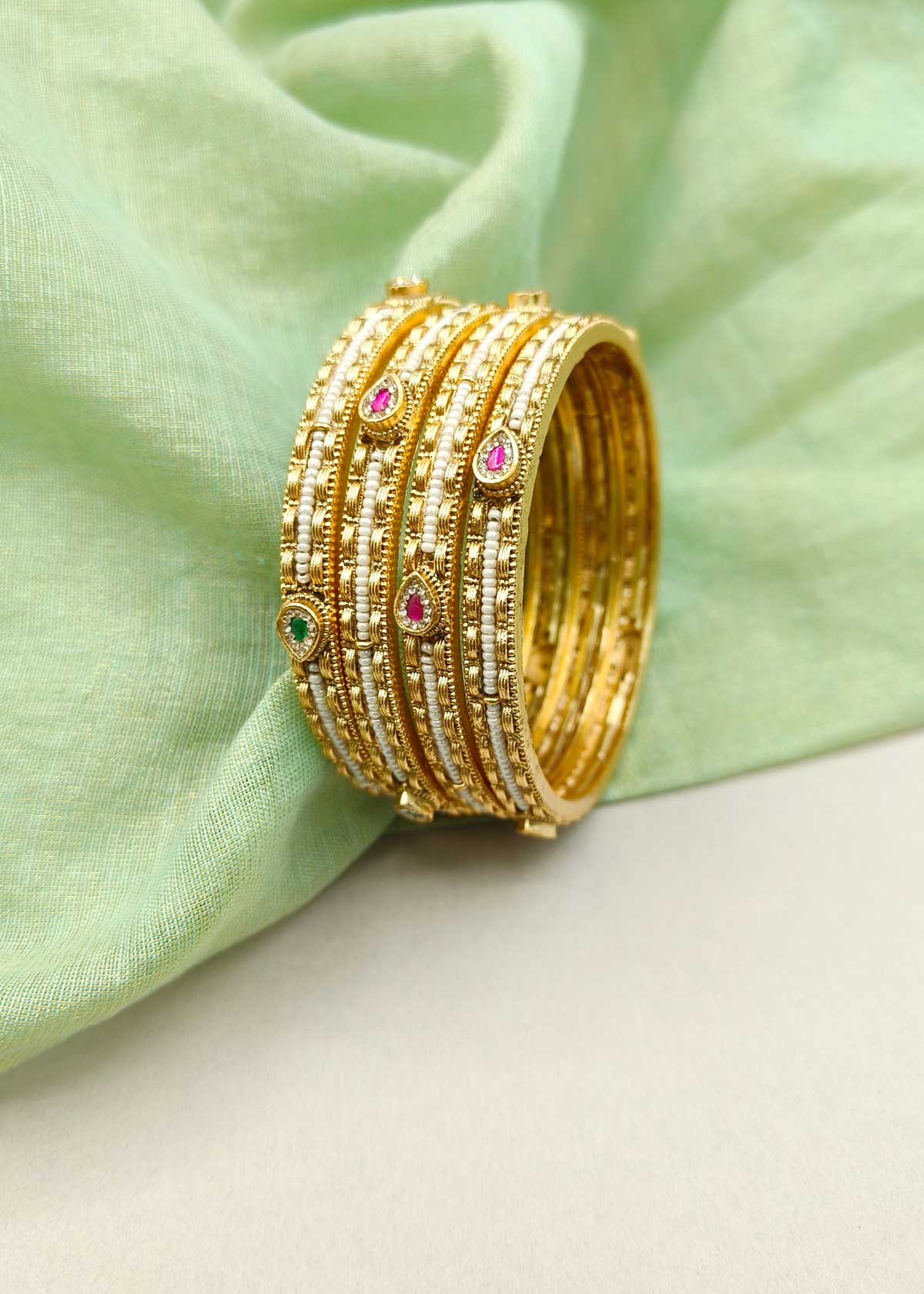 Matte Gold Pearl Seed & Cubic Zircon Fixed Bangles With Colorful Stones (4Pcs)