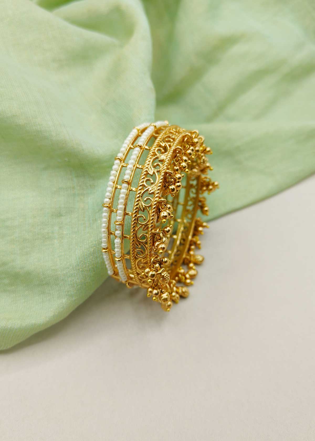 Regal Carat Gold Plated Pearl Row Bangles With Ghungaroo Droplets (1Pc)