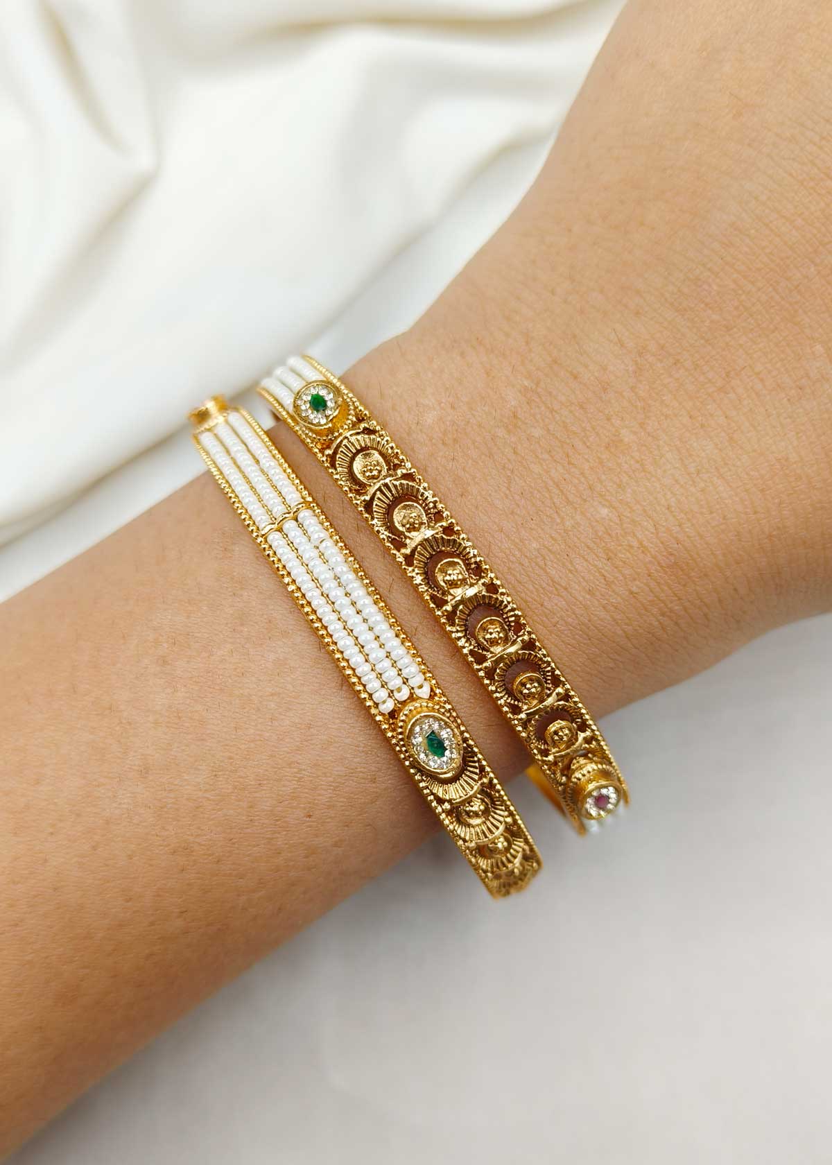 Carat Gold Plated Delicate Row Of Seed Pearl And Cubic Zircon Bangles With Color Stone Accents
