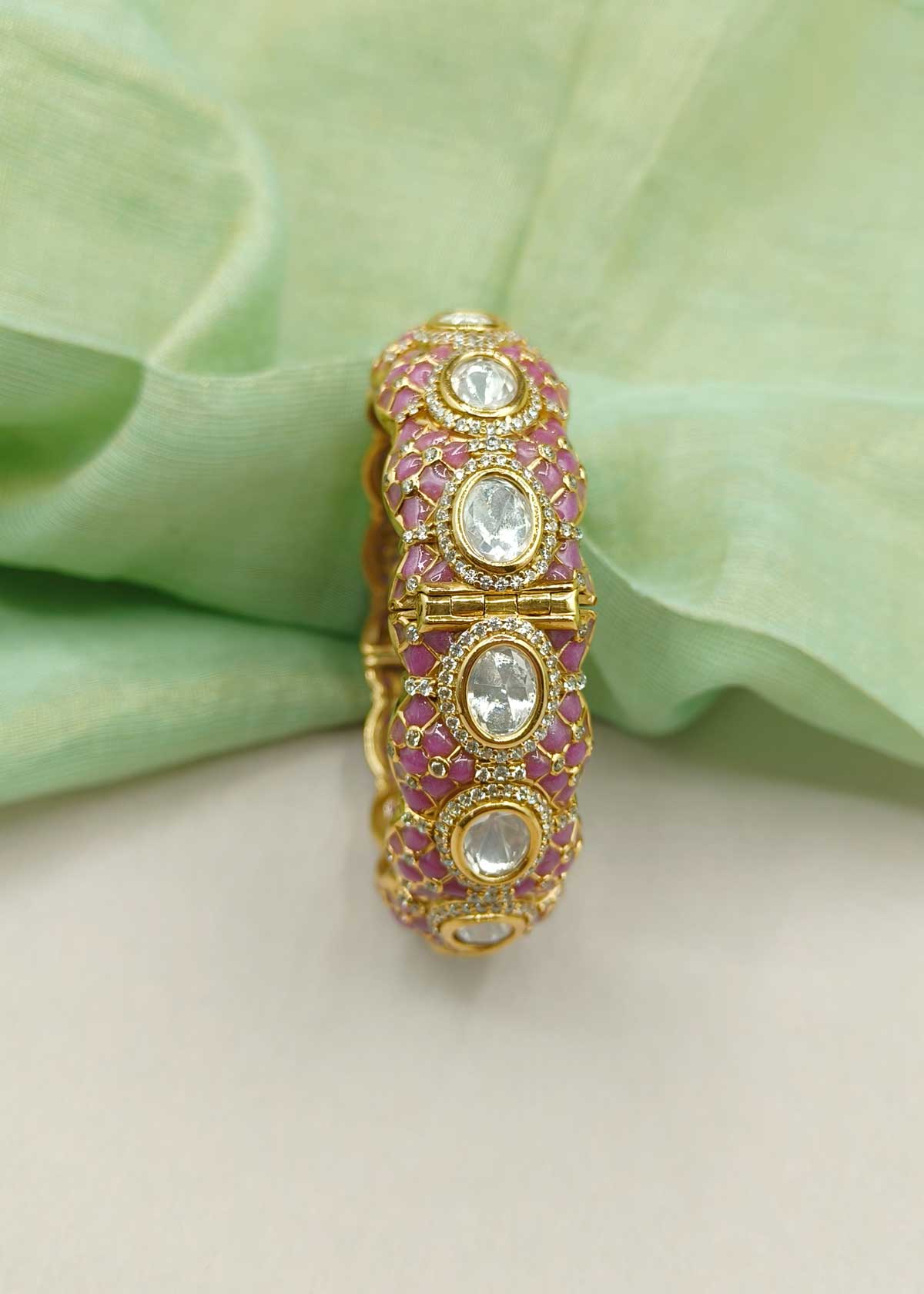 Exquisite Matte Gold Traditional Kundan, Cubic Zircon & Meenakari Openable Kada Bangle