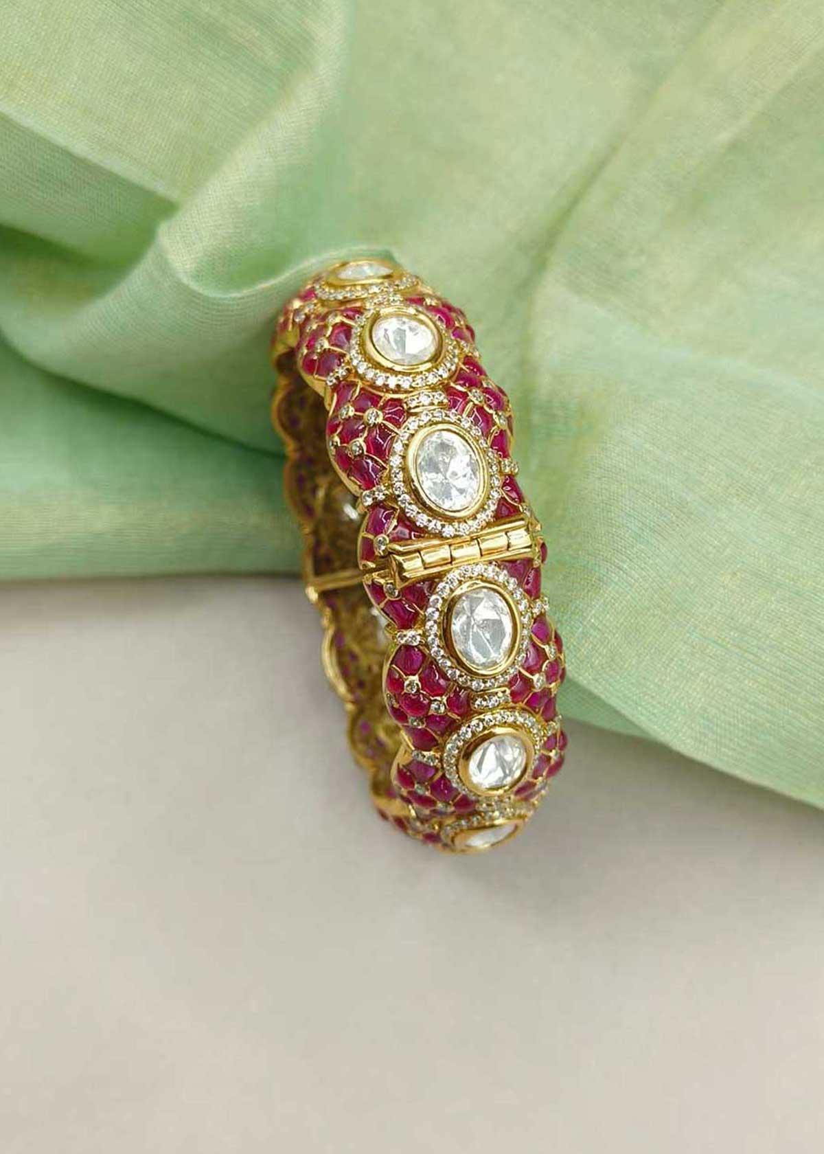 Exquisite Matte Gold Traditional Kundan, Cubic Zircon & Meenakari Openable Kada Bangle