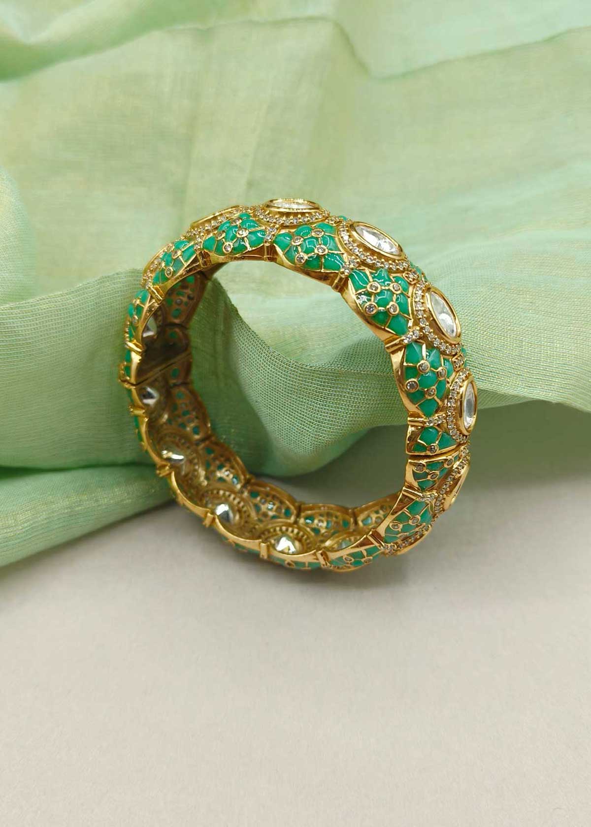 Exquisite Matte Gold Traditional Kundan, Cubic Zircon & Meenakari Openable Kada Bangle