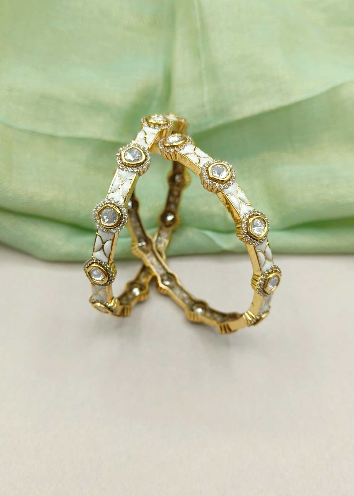 Heritage Antique Gold Plated Meenakari & Kundan, Cubic Zircon Fixed Bangles (Pair)