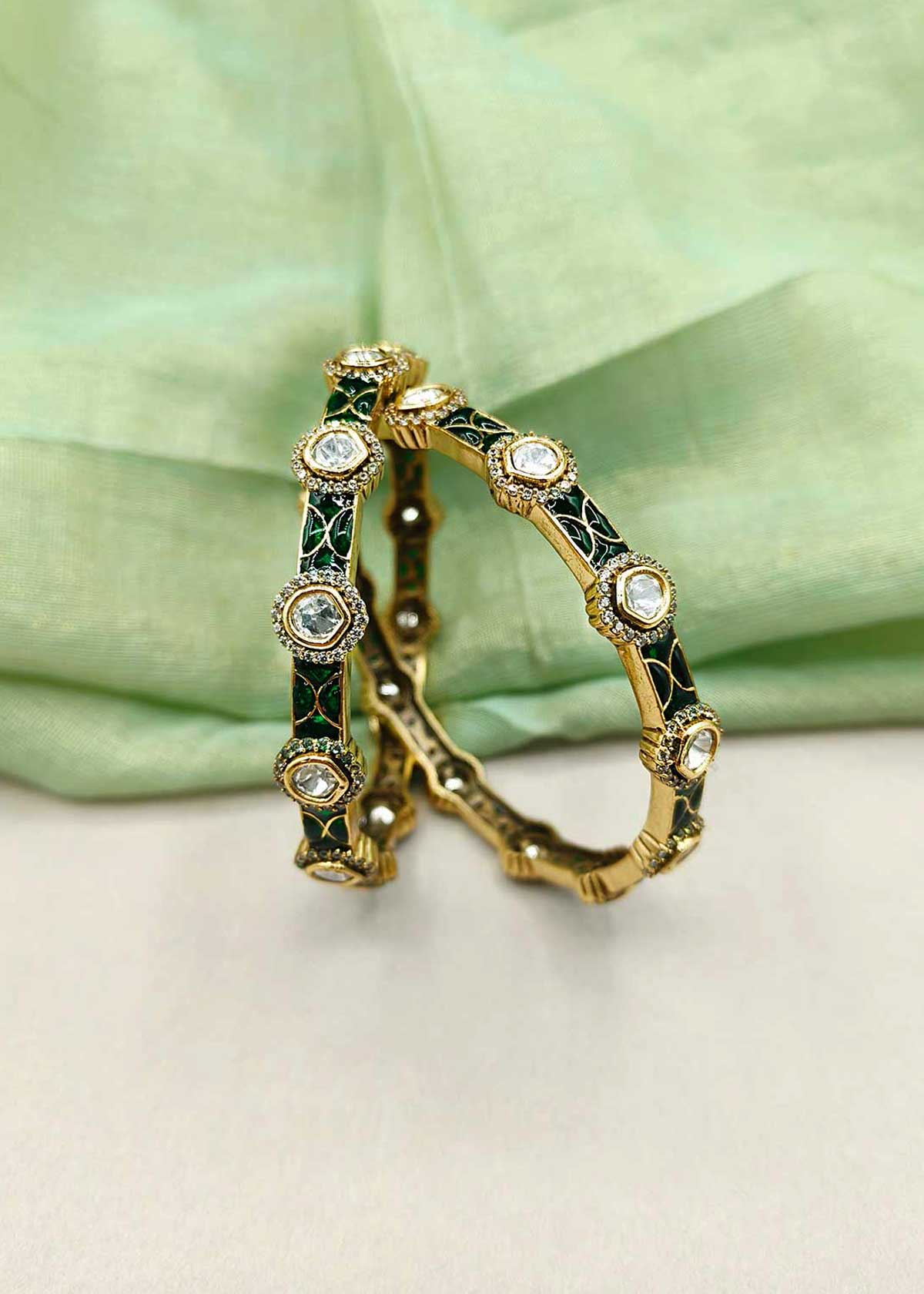 Heritage Antique Gold Plated Meenakari & Kundan, Cubic Zircon Fixed Bangles (Pair)