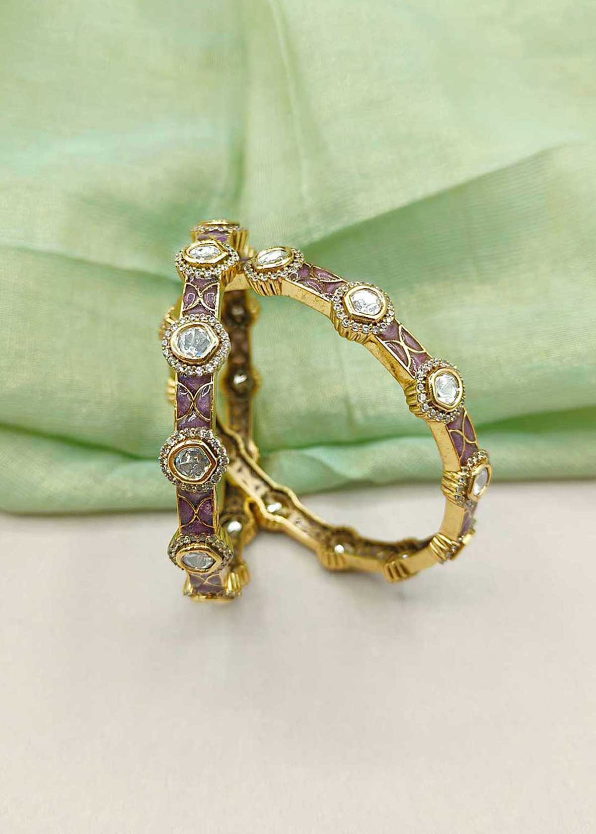 Heritage Antique Gold Plated Meenakari & Kundan, Cubic Zircon Fixed Bangles (Pair)