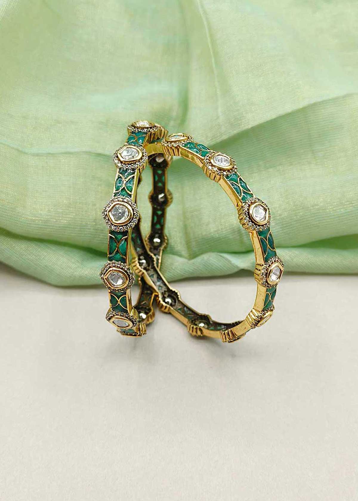 Heritage Antique Gold Plated Meenakari & Kundan, Cubic Zircon Fixed Bangles (Pair)