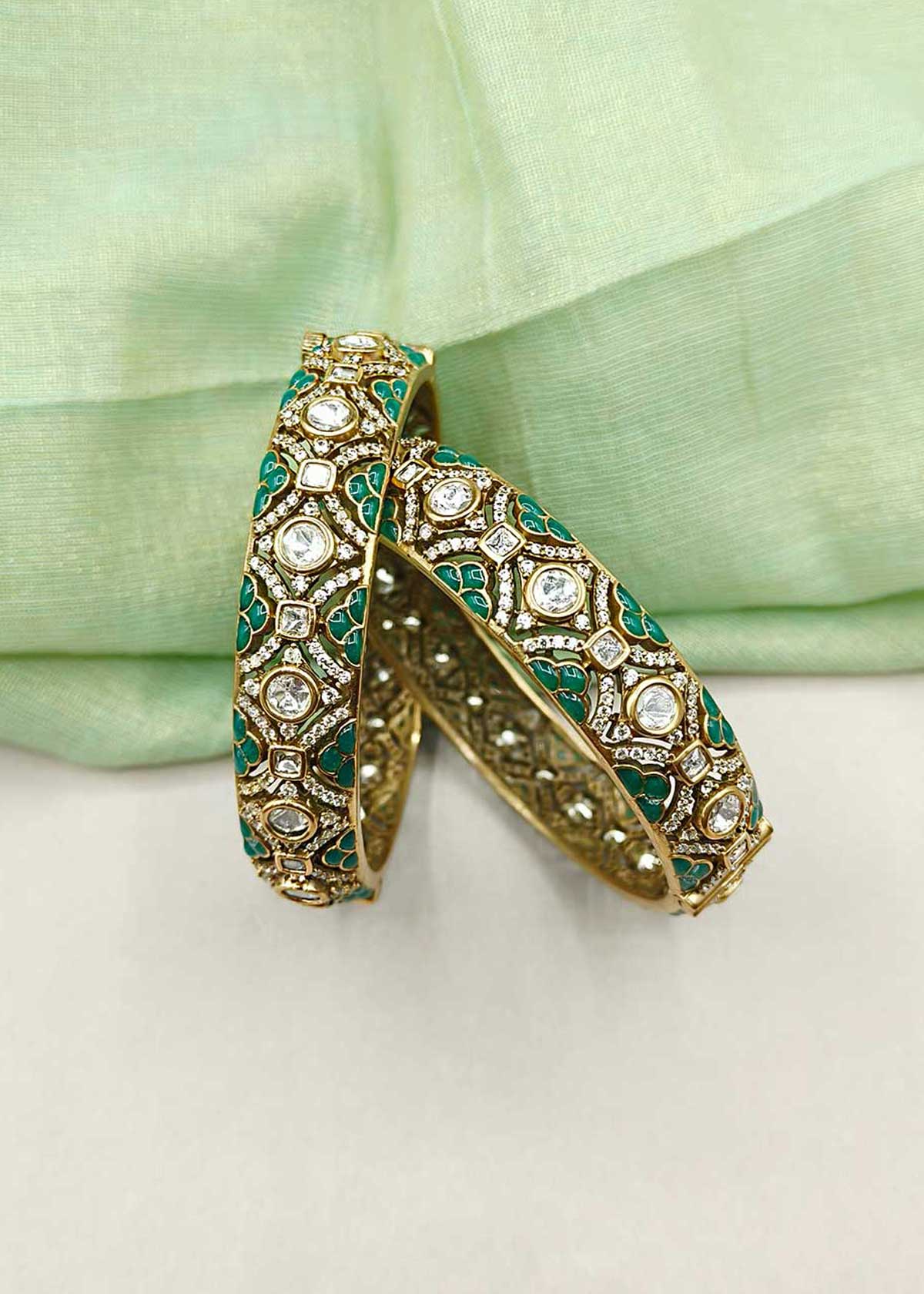 Premium Antique Gold Plated Meenakari & Kundan Openable Bangles With Cubic Zircon (Pair)