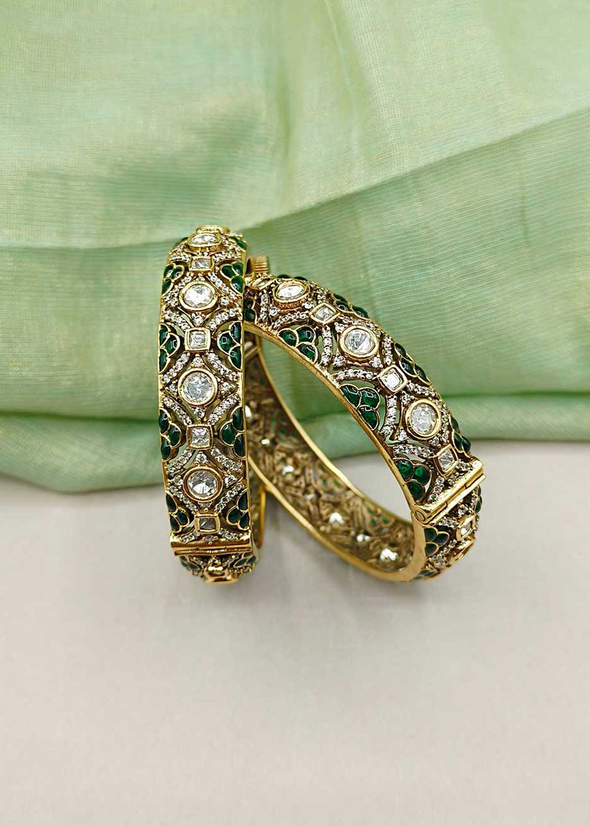 Premium Antique Gold Plated Meenakari & Kundan Openable Bangles With Cubic Zircon (Pair)