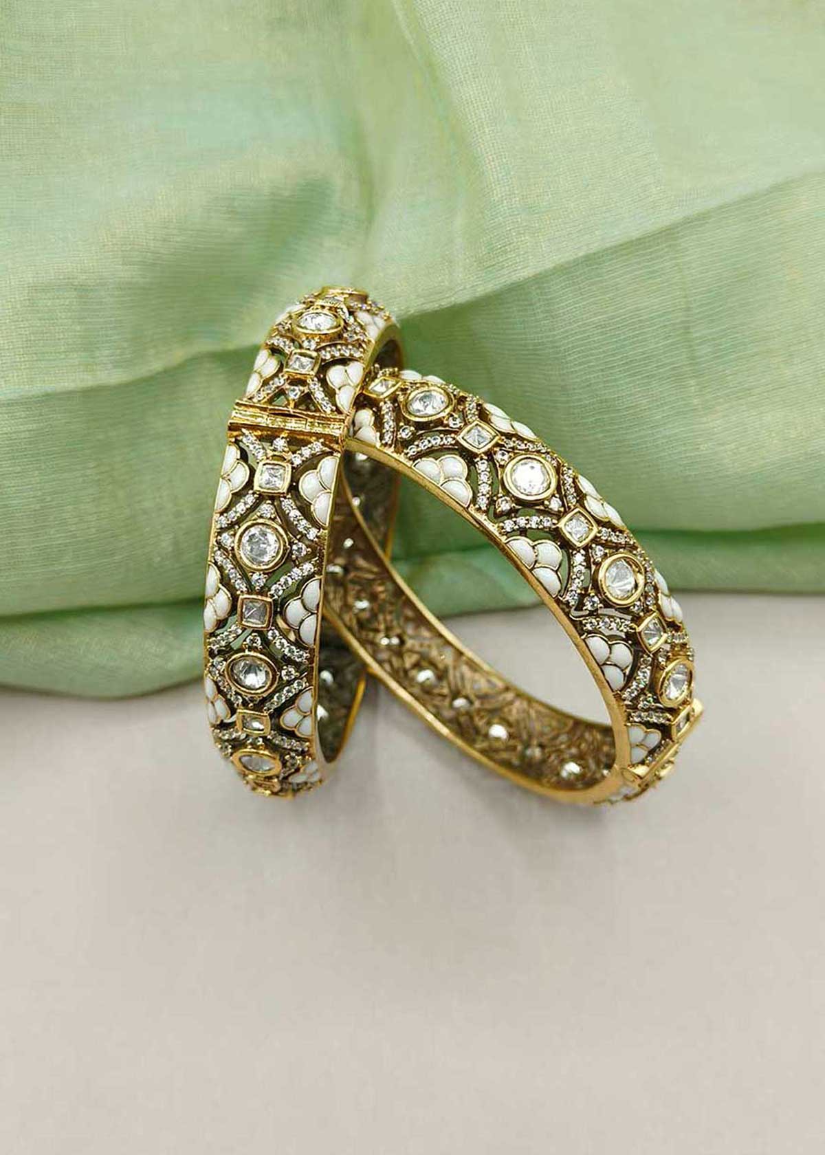 Premium Antique Gold Plated Meenakari & Kundan Openable Bangles With Cubic Zircon (Pair)