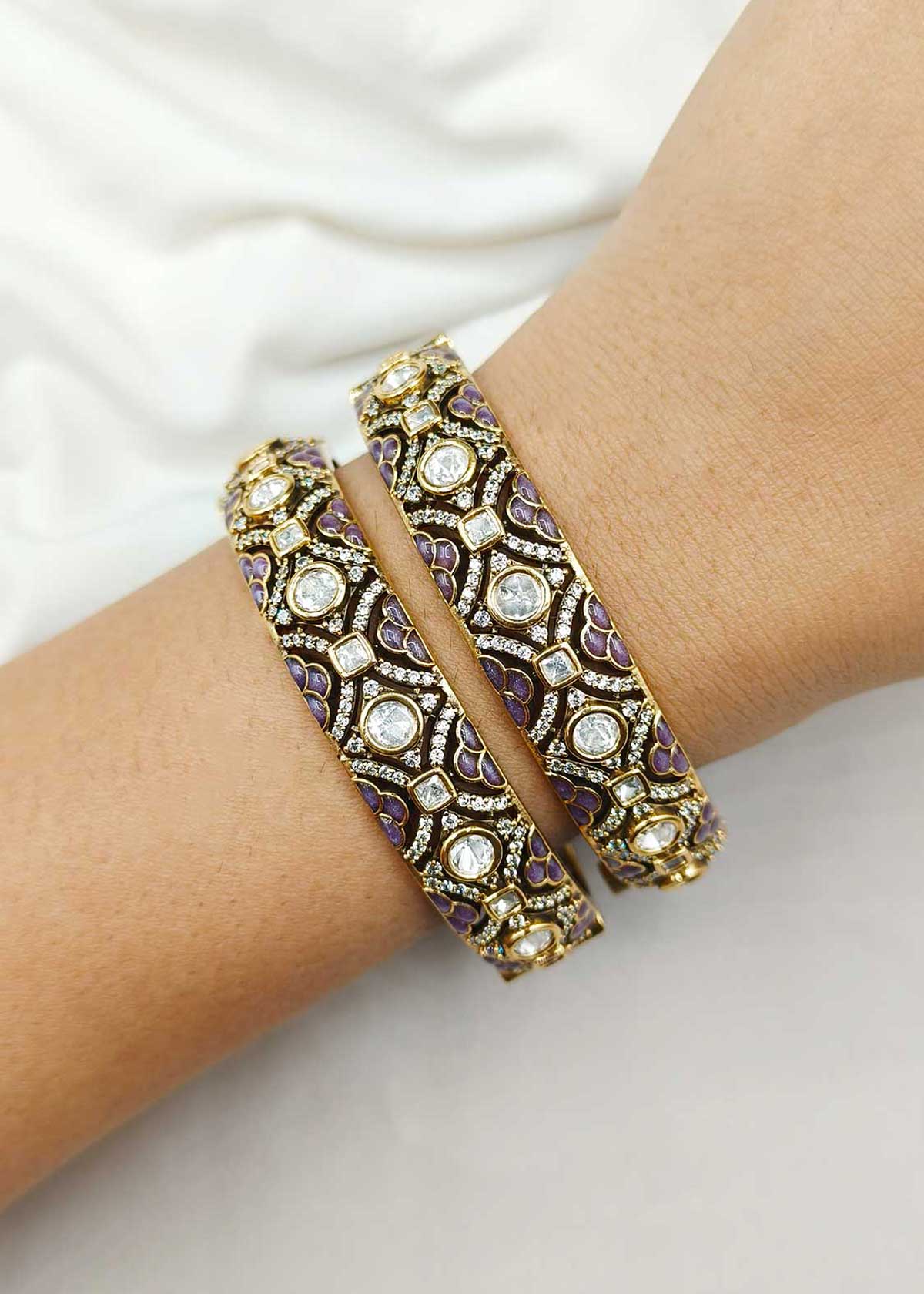 Premium Antique Gold Plated Meenakari & Kundan Openable Bangles With Cubic Zircon (Pair)