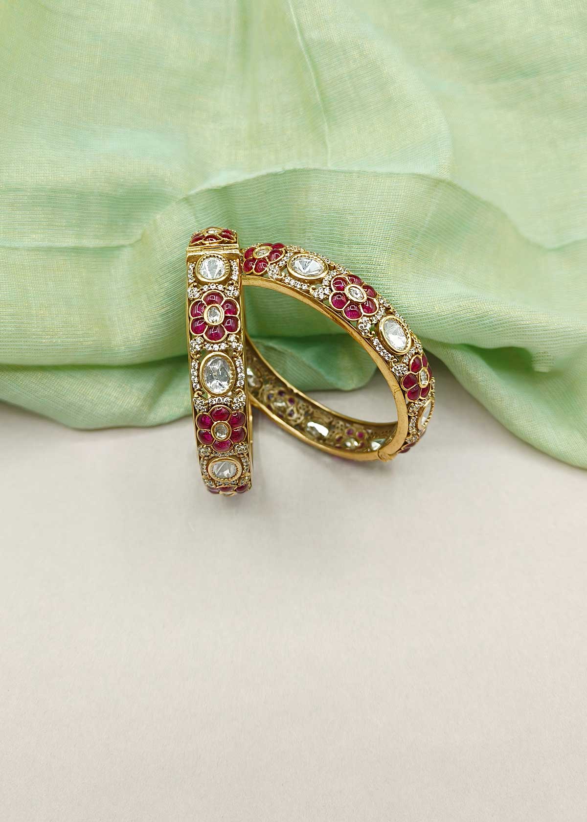 Regal Matte Gold Plated Meenakari And Kundan With Cubic Zircon Openable Bangles (Pair)