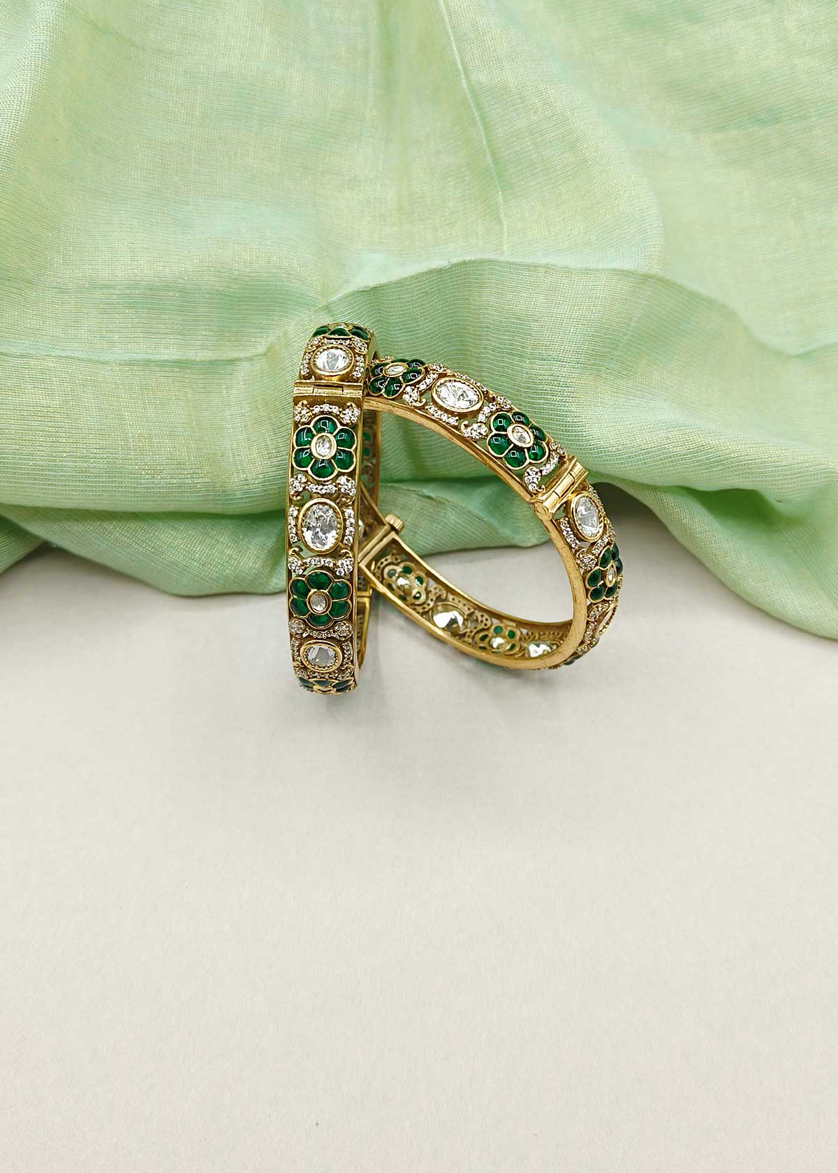 Regal Matte Gold Plated Meenakari And Kundan With Cubic Zircon Openable Bangles (Pair)