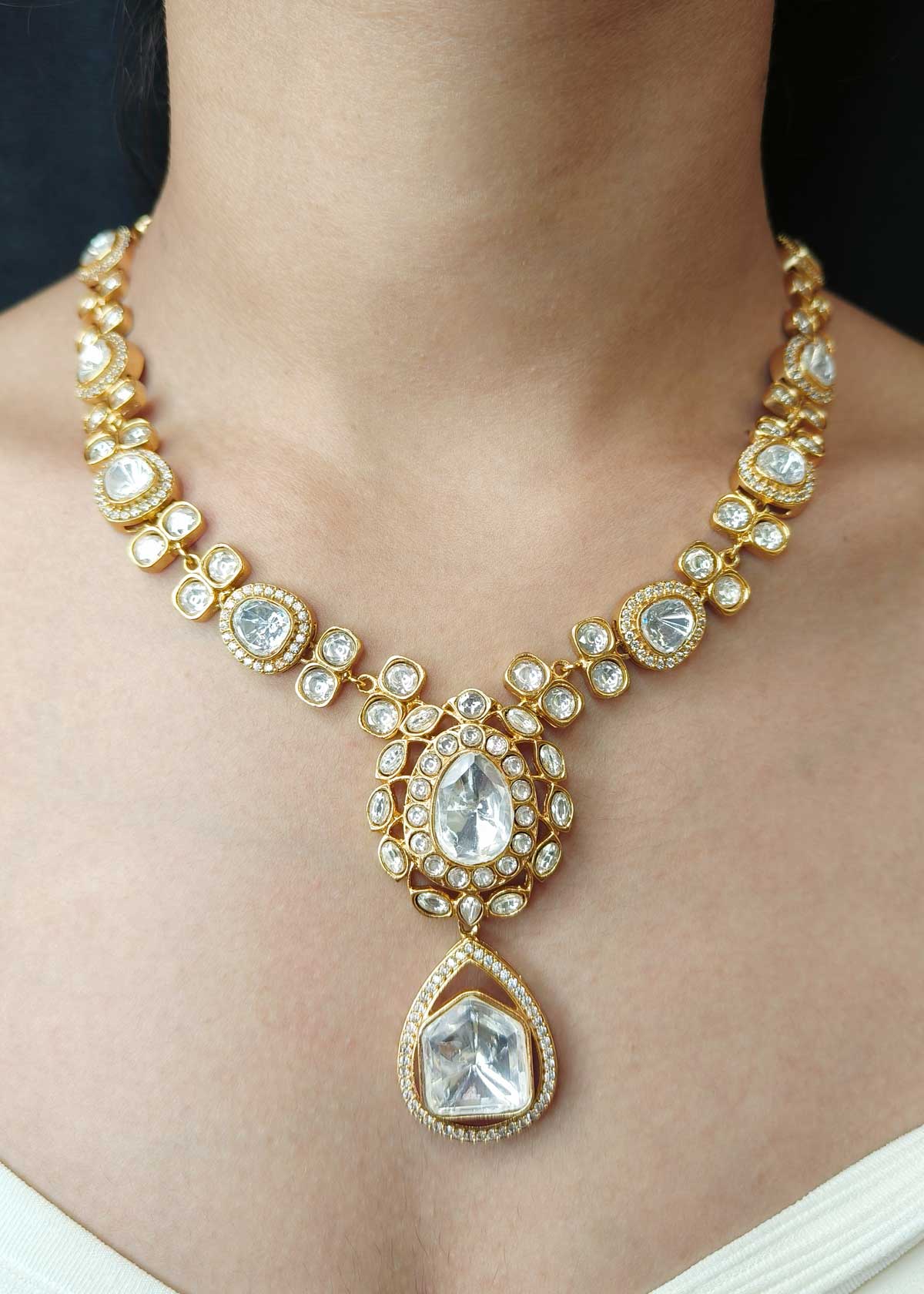 Regal Matt Gold Plated Kundan And Cubic Zircon Adjustable Necklace Set