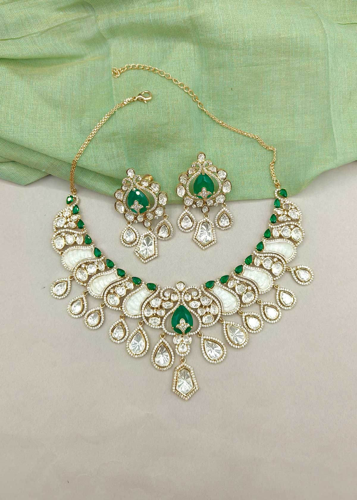 Royal Gold Plated Ruby, Emerald, Kundan & Cubic Zircon Mother Of Pearl Short Necklace Set