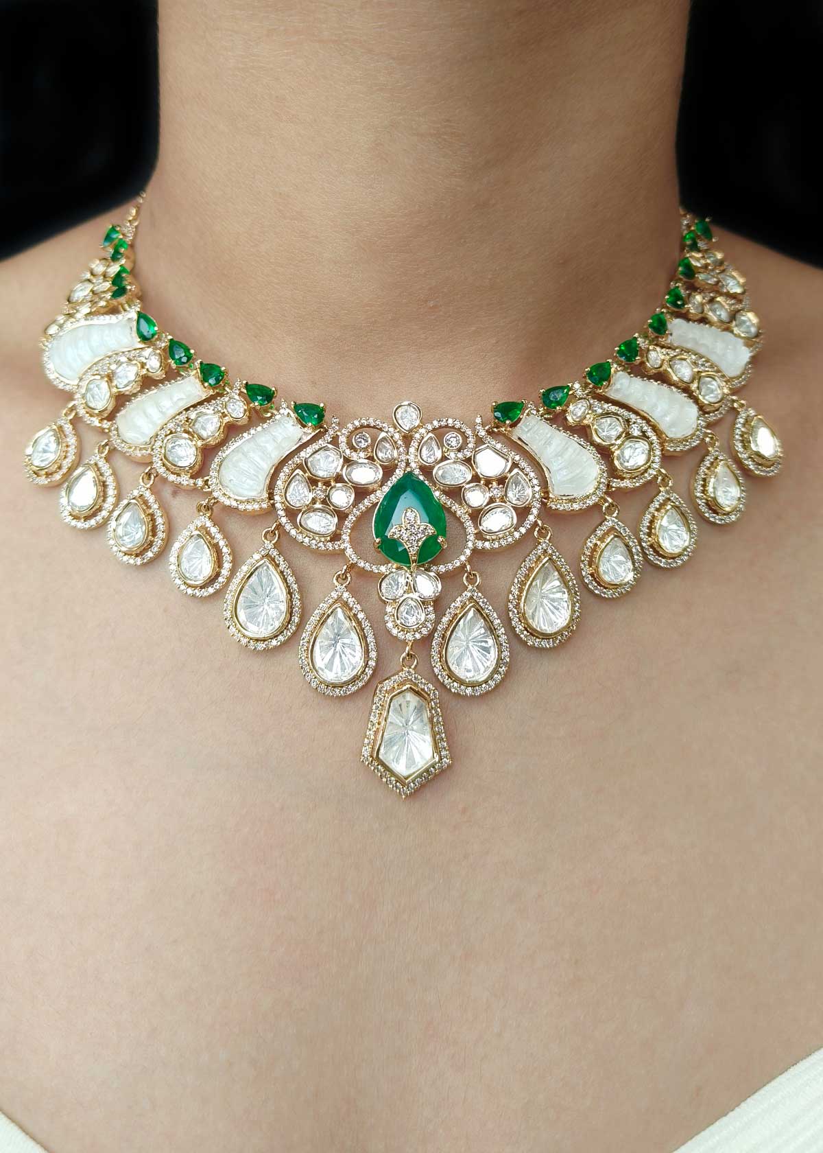 Royal Gold Plated Ruby, Emerald, Kundan & Cubic Zircon Mother Of Pearl Short Necklace Set