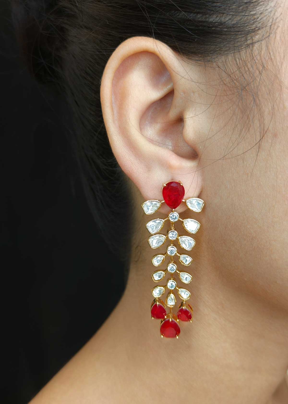 Traditional Kundan & Drop Shape Ruby Diamond Gold Plated Short Necklace Set