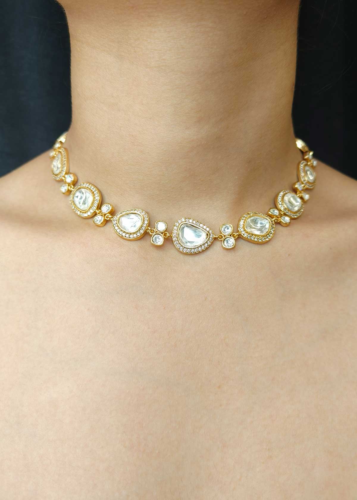 Stunning Matt Gold Plated Kundan & Cubic Zircon Adjustable Short Necklace Set