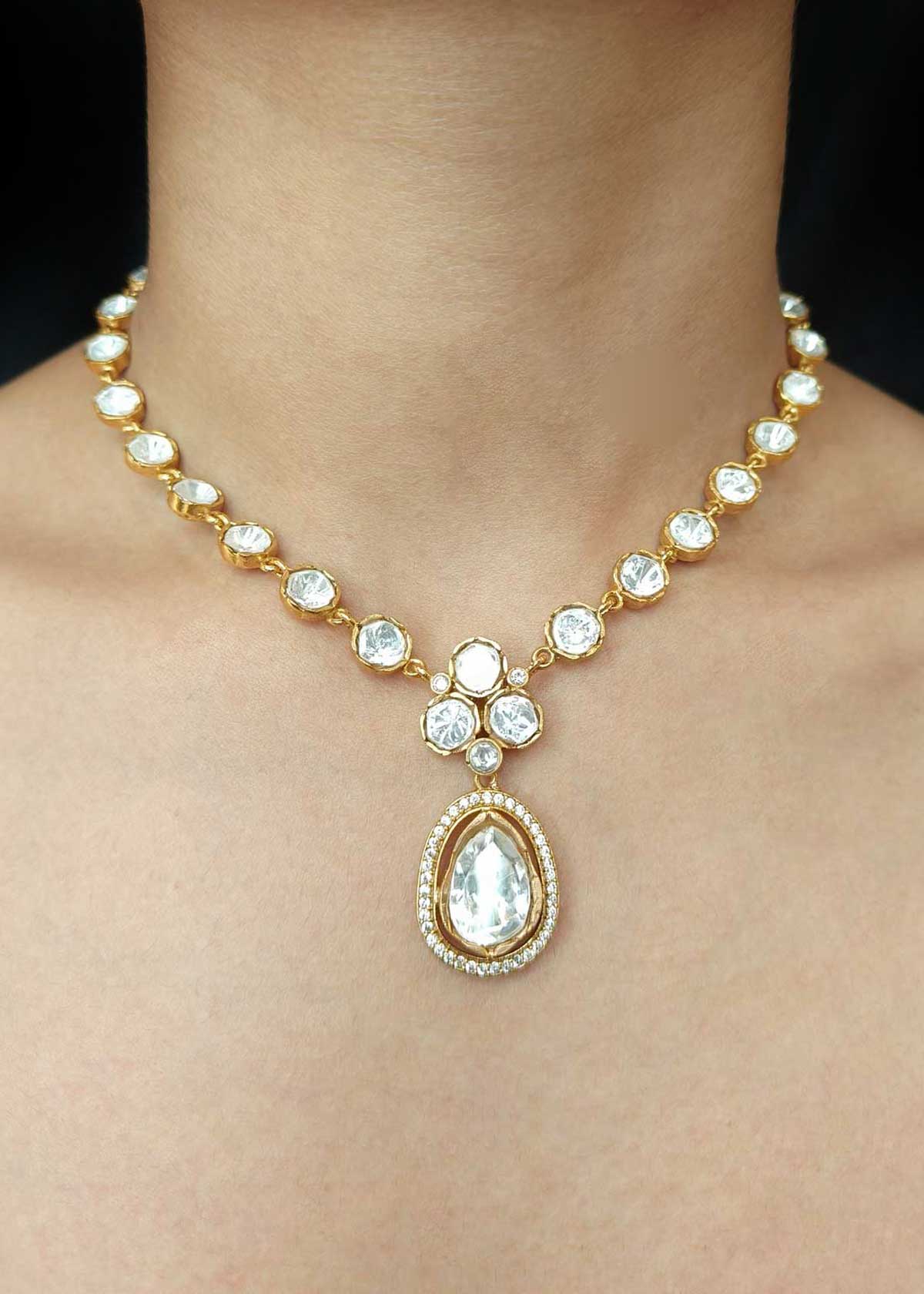 Matt Gold Plated Royal Teardrop Kundan & Cubic Zircon Adjustable Short Necklace Set