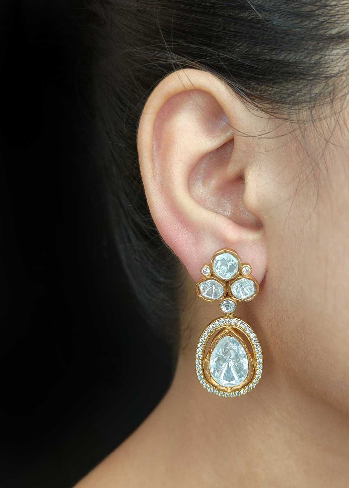 Matt Gold Plated Royal Teardrop Kundan & Cubic Zircon Adjustable Short Necklace Set