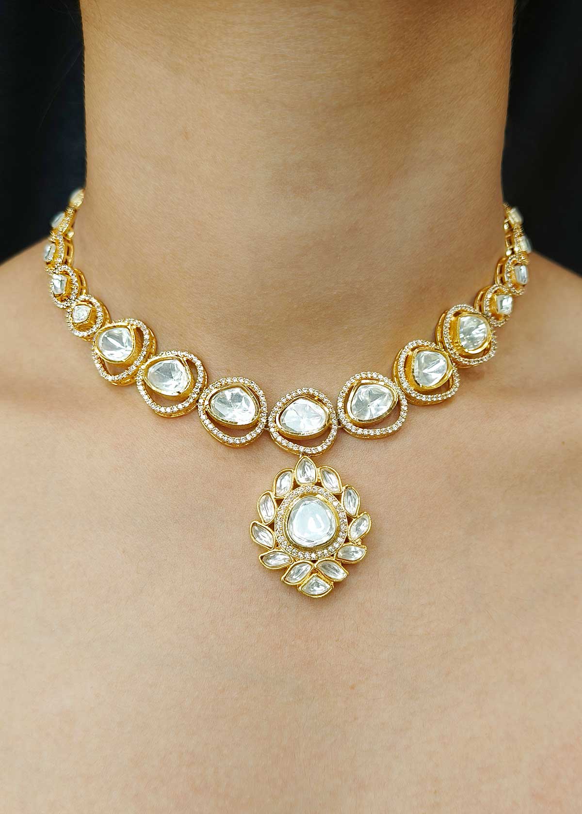 Royal Floral Kundan & Cubic Zircon Matt Gold Plated Adjustable Short Necklace