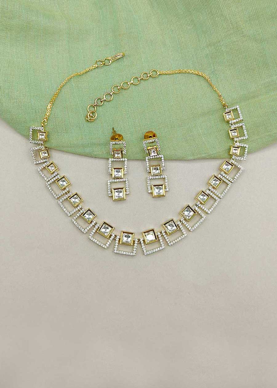 Geometric Square Kundan & Cubic Zircon Dual Tone Adjustable Short Necklace