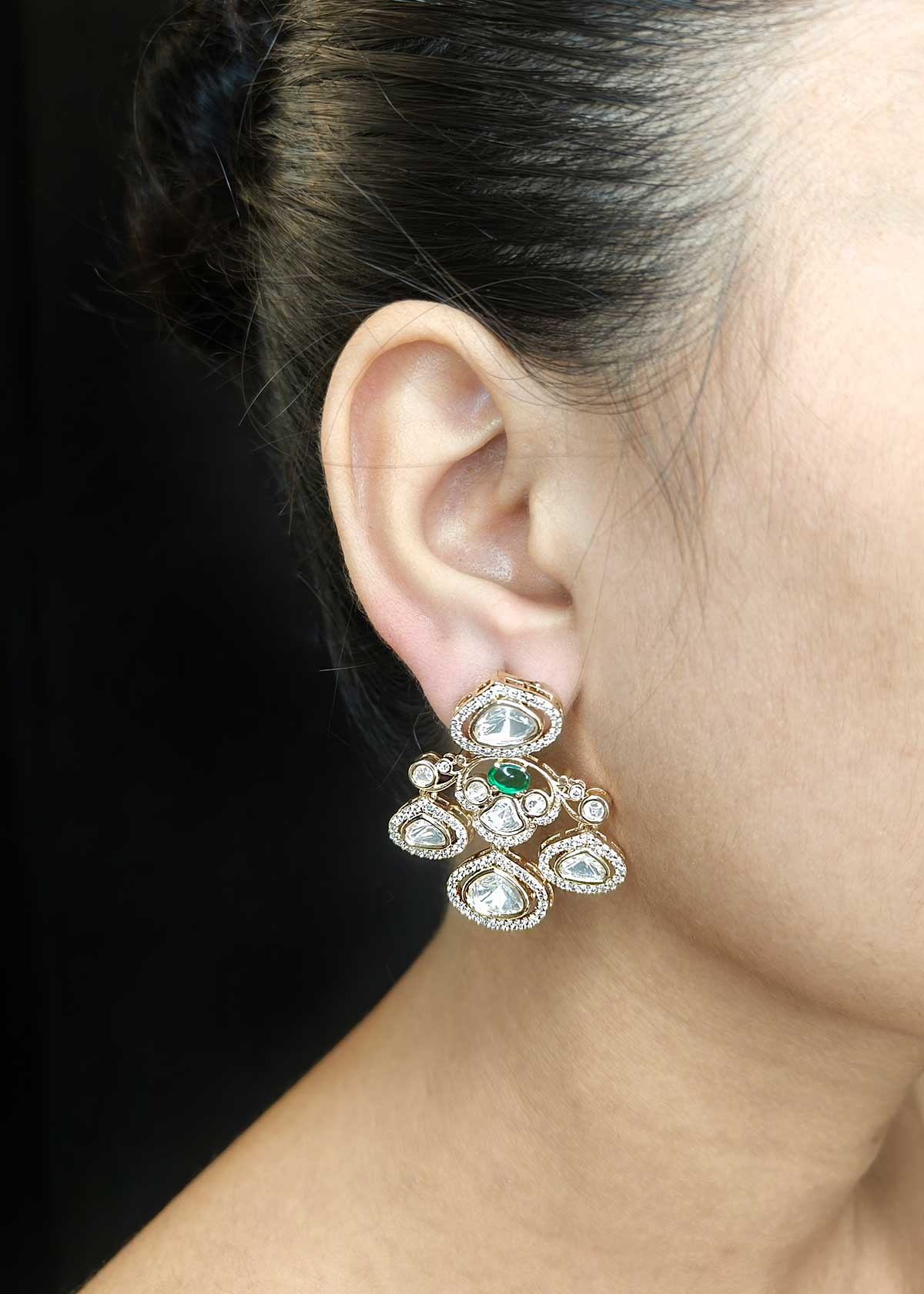 Vibrant Green Cubic Zircon And Kundan Fully Adjustable Short Necklace Set