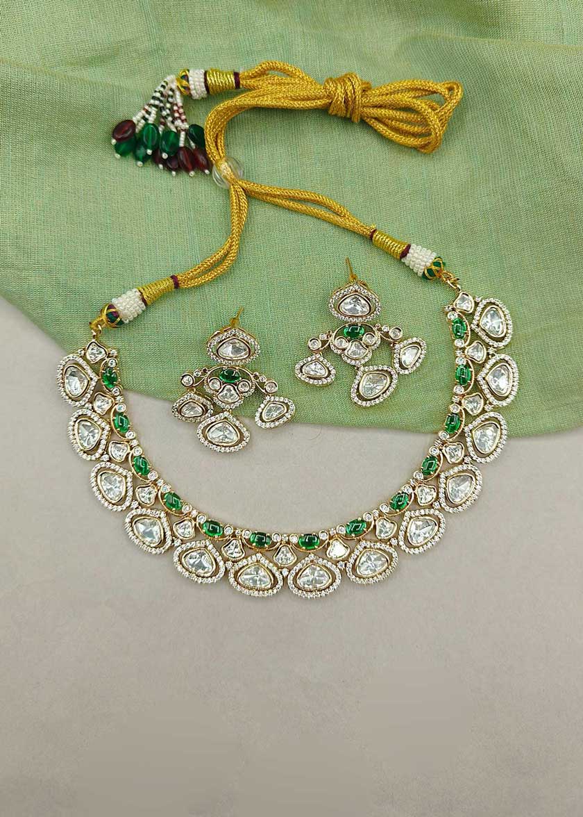 Vibrant Green Cubic Zircon And Kundan Fully Adjustable Short Necklace Set