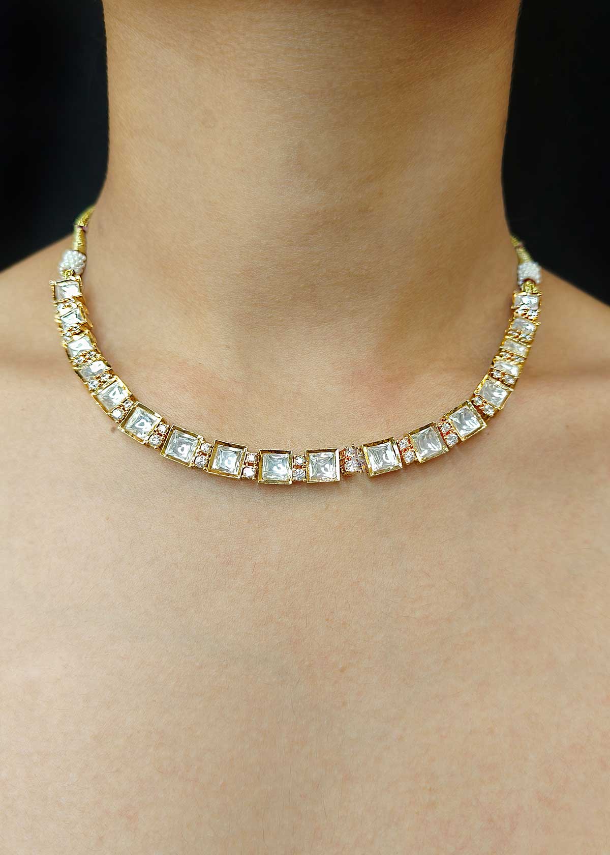 Sophisticated Square Cut Matt Gold Plated Kundan And Cubic Zircon Adjustable Short Necklace Set