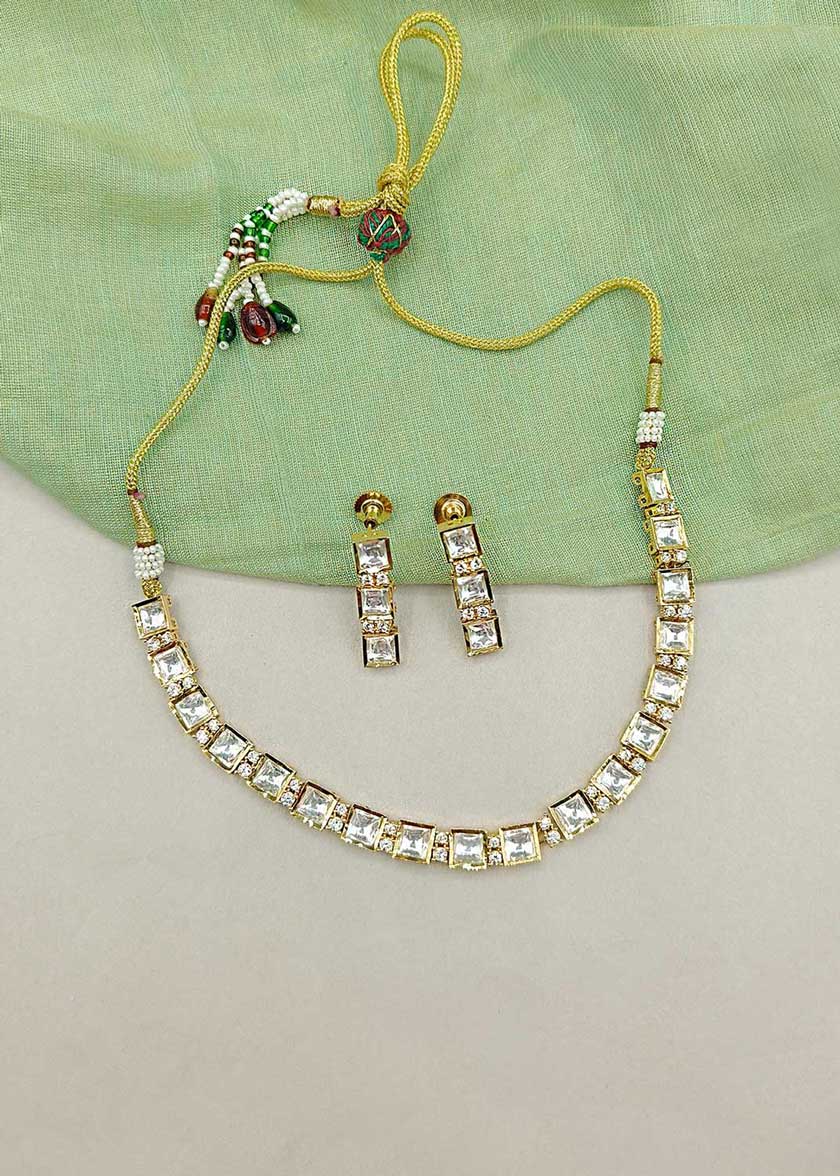 Sophisticated Square Cut Matt Gold Plated Kundan And Cubic Zircon Adjustable Short Necklace Set