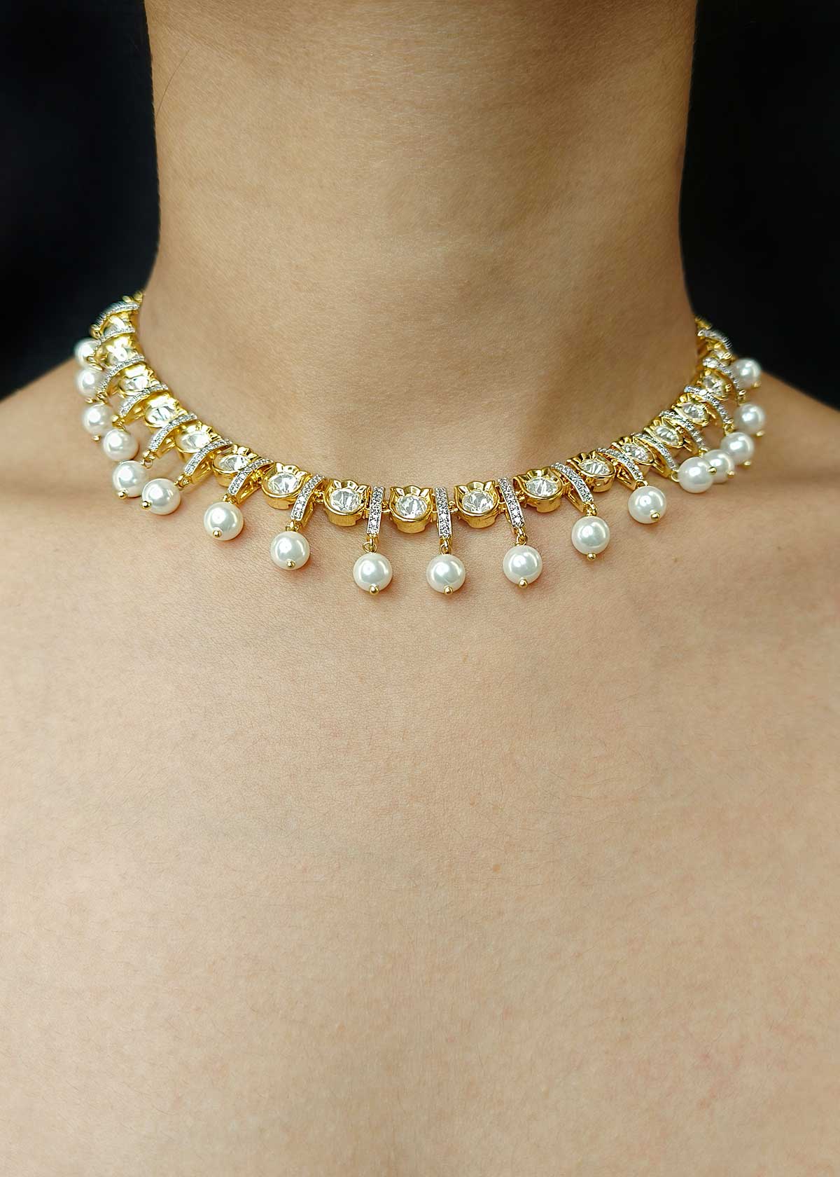Dual Toned Kundan & Pearl Droplet Adjustable Short Necklace Set With Cubic Zircon Accents