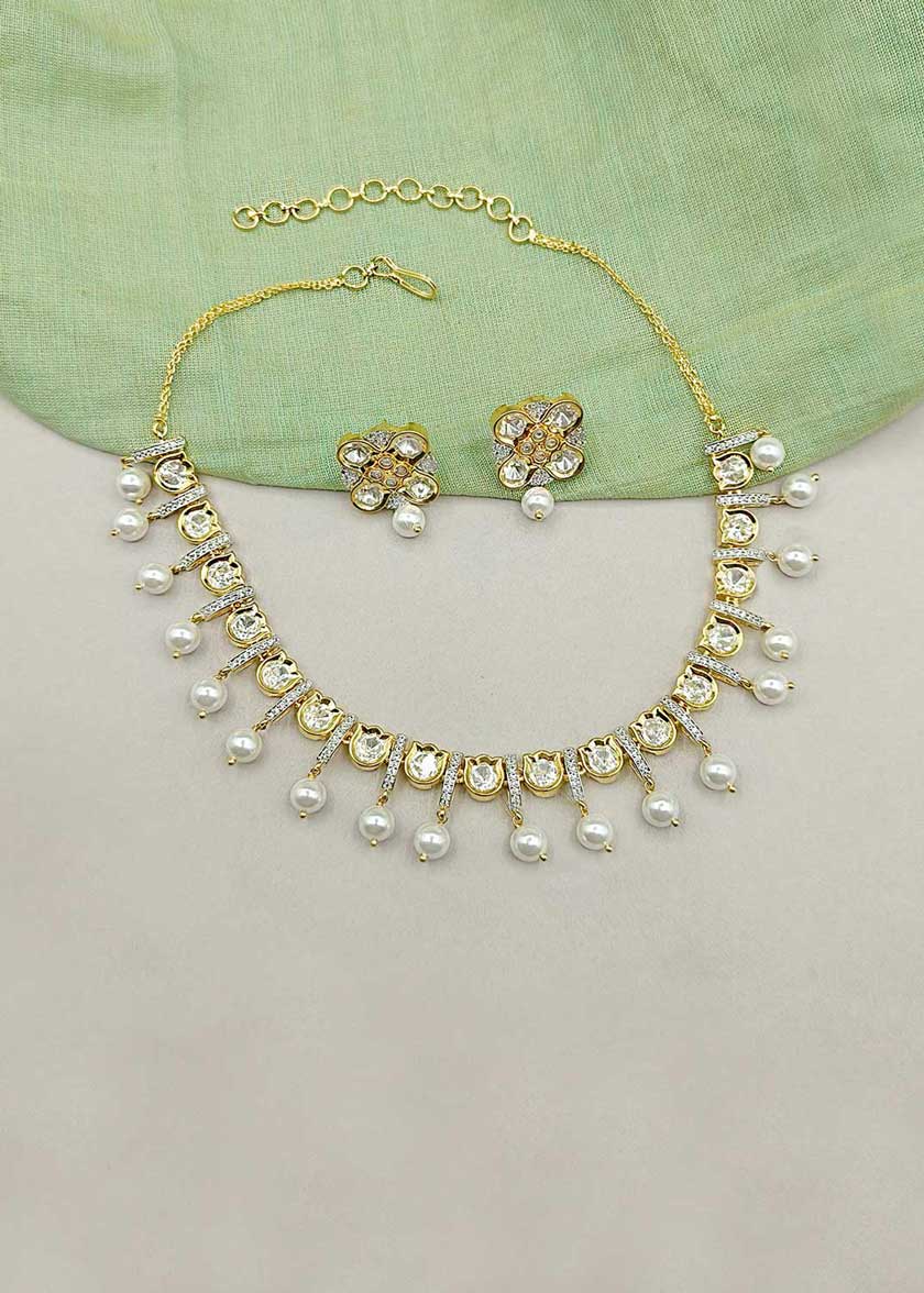 Dual Toned Kundan & Pearl Droplet Adjustable Short Necklace Set With Cubic Zircon Accents