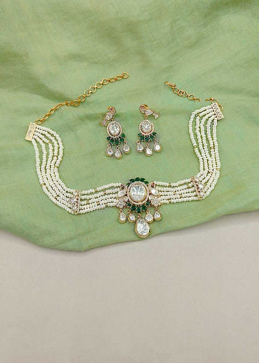 Stunning Floral Kundan And Five Row Seed Pearl Adjustable Short Necklace Set With Cubic Zircon