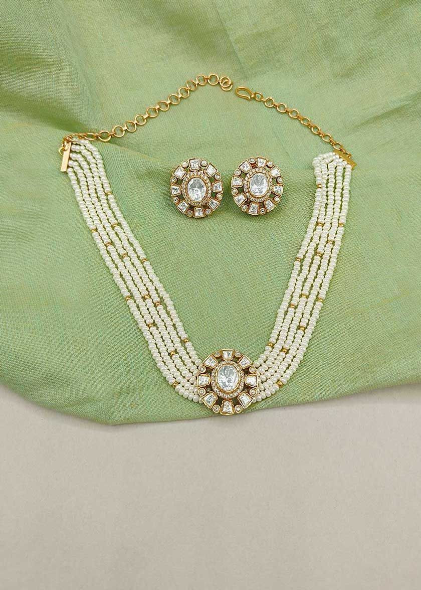 Heritage Matt Gold Layered Seed Pearl & Kundan Choker Necklace Set With Cubic Zircon Accents