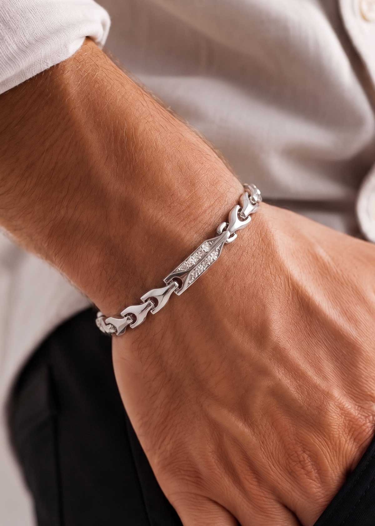 92.5 Sterling Silver Slim Cubic Zircon Geometric Link Men's Loose Bracelet