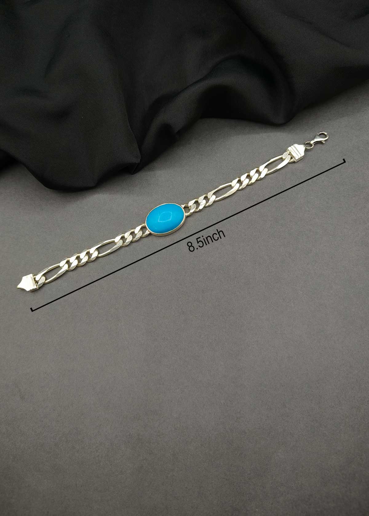92.5 Sterling Silver Men's Figaro Chain Loose Bracelet With Turquoise Stone