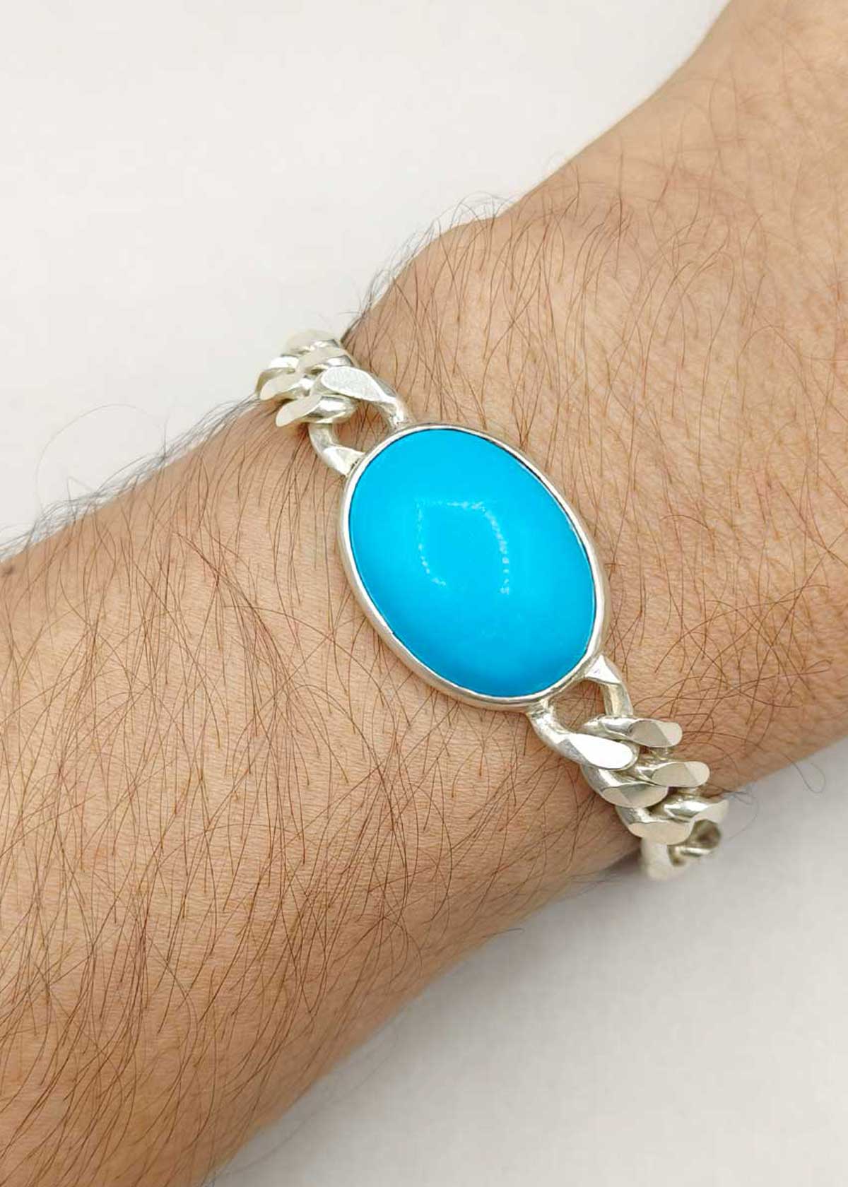 92.5 Sterling Silver Men's Figaro Chain Loose Bracelet With Turquoise Stone