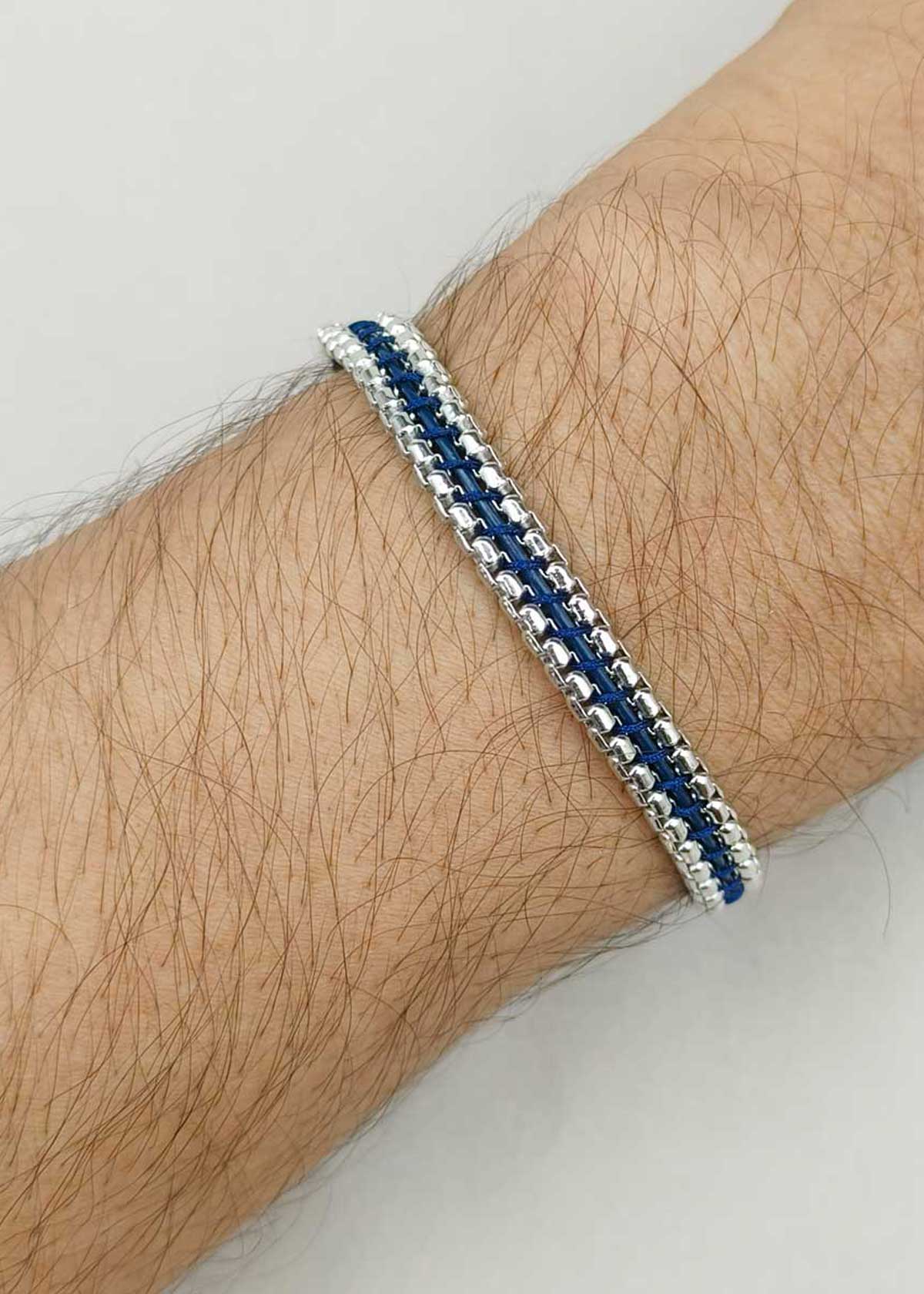 92.5 Sterling Silver Blue Woven Box Link Men's Loose Bracelet