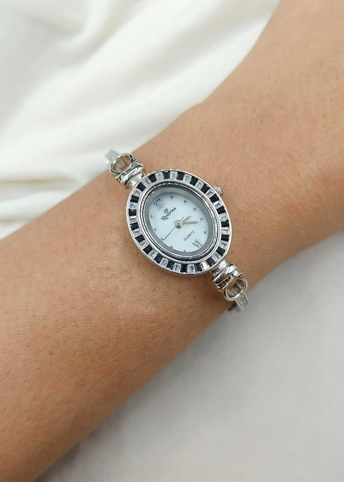 92.5 Sterling Silver Oval Shape Baguette And Cubic Zircon Adjustable Watch