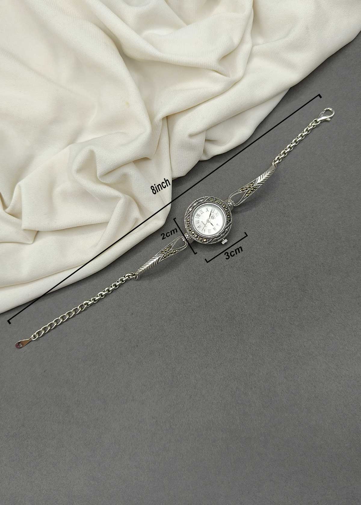 92.5 Sterling Silver Oxidized Marcasite Round Vintage Watch For Women