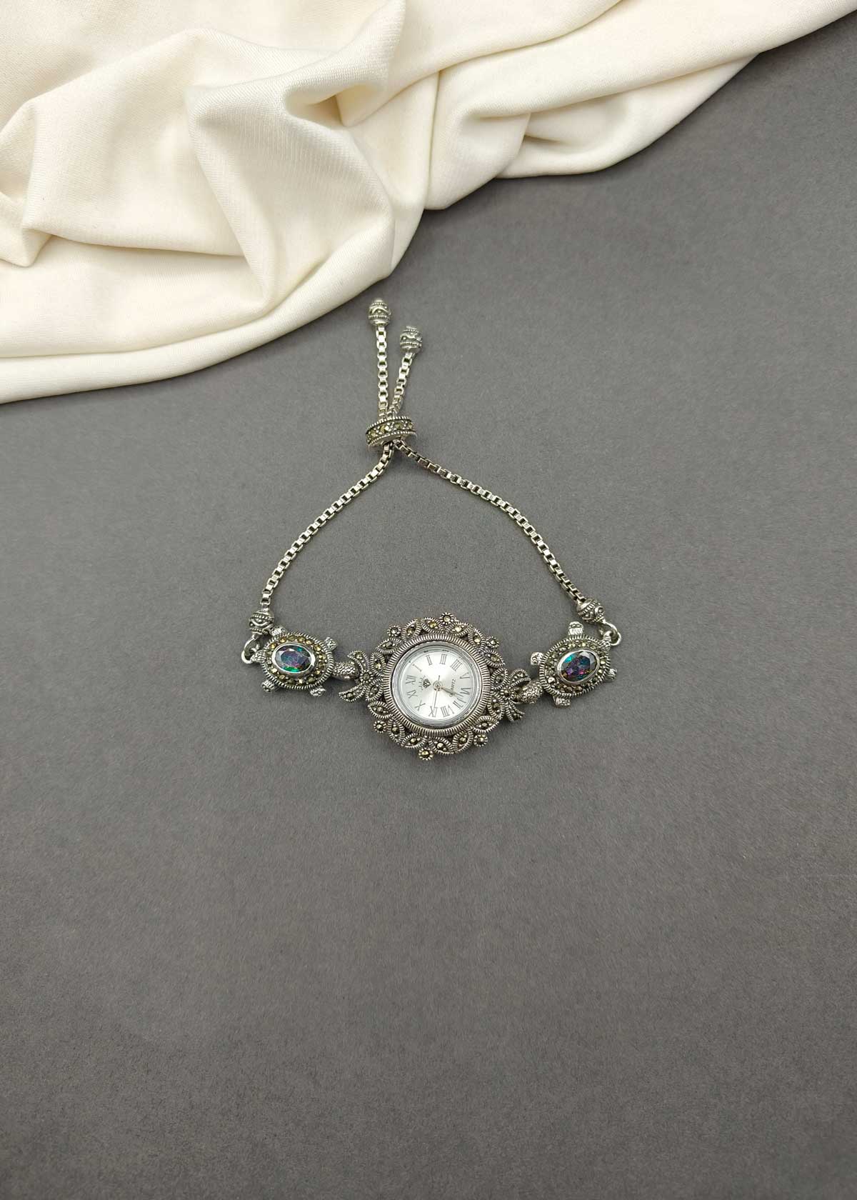 92.5 Sterling Silver Oxidized Marcasite & Amethyst Turtle Motif Adjustable Slider Watch