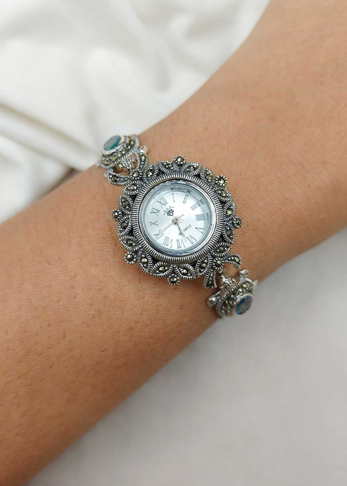 92.5 Sterling Silver Oxidized Marcasite & Amethyst Turtle Motif Adjustable Slider Watch