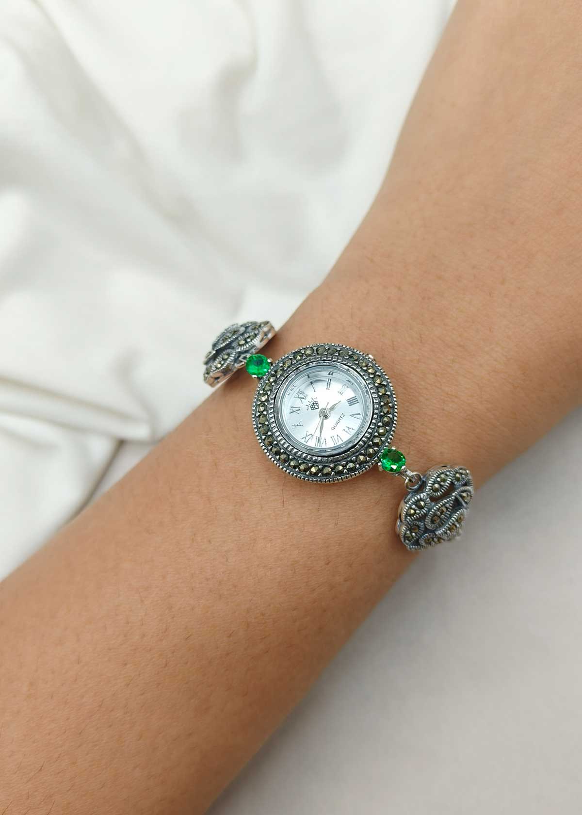 92.5 Sterling Silver Oxidized Marcasite Adjustable Slider Watch For Women