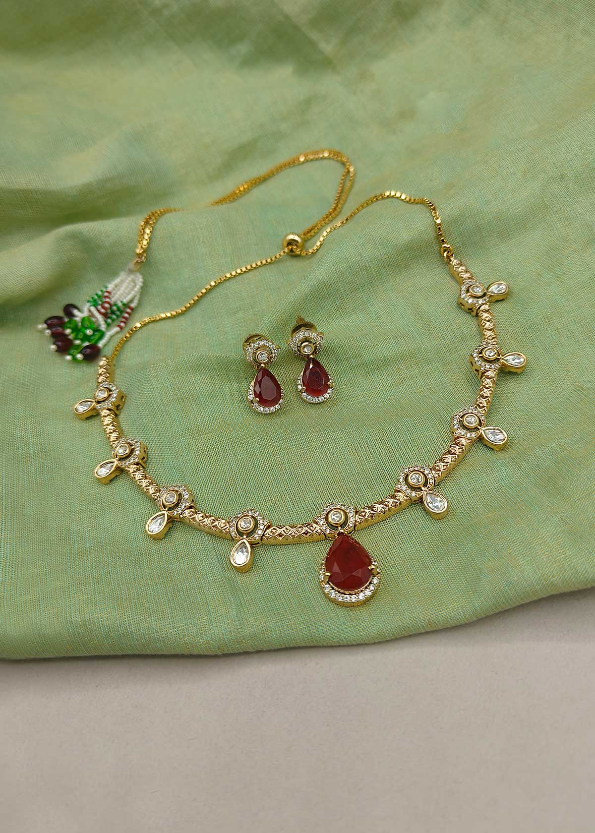 Gold Plated Kundan & Teardrop Gemstone Fully Adjustable Short Necklace Set With Cubic Zircon Accents