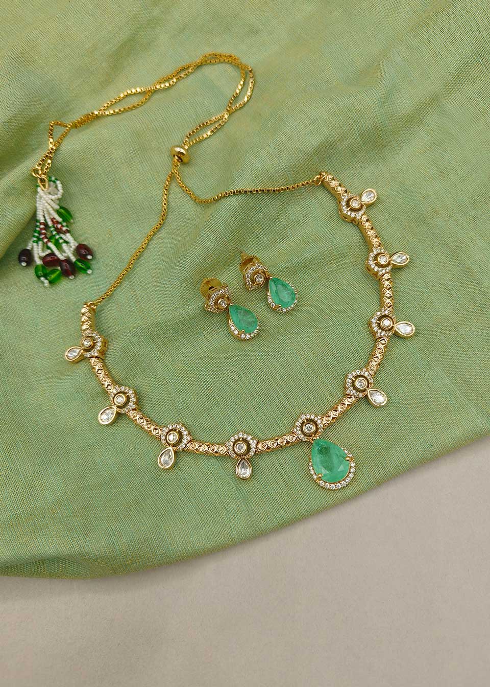 Gold Plated Kundan & Teardrop Gemstone Fully Adjustable Short Necklace Set With Cubic Zircon Accents