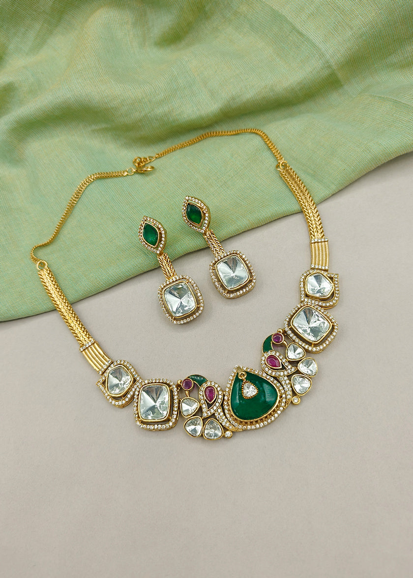 Matt Gold Plated Peacock Motif Cubic Zircon, Kundan Short Necklace Set