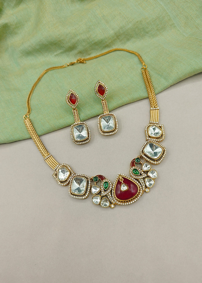 Matt Gold Plated Peacock Motif Cubic Zircon, Kundan Short Necklace Set